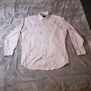 David Donahue Mens Trim Fit Dress Shirt 16.5 32/33 Burgundy White Gingham Cotton